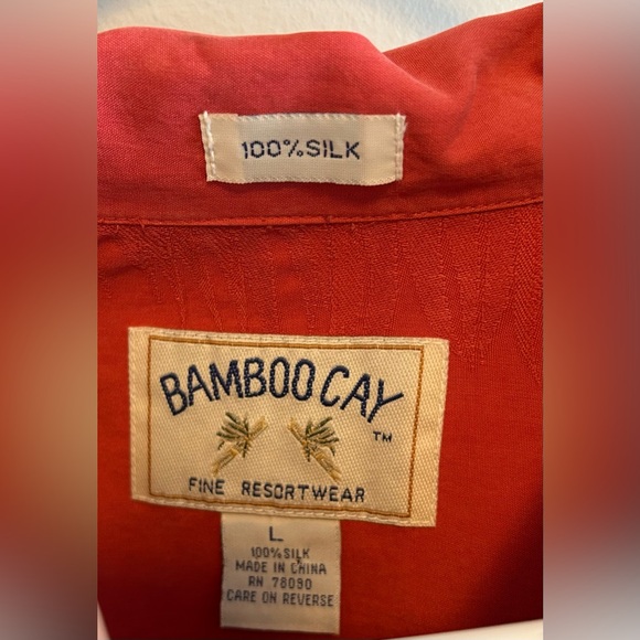 Bamboo Cay Shirt Mens Red Silk Hawaiian Bamboo Leaves Embroidered Relaxed Size L - Picture 5 of 6